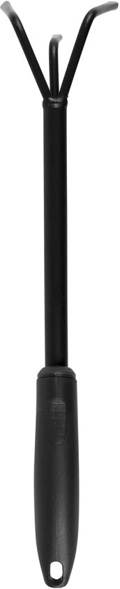 Zwarte handhark met een Y-vormige kop en een ergonomisch, zwart handvat met een ophangoog.