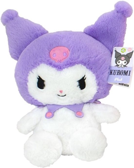Paarse Kuromi knuffel met een roze schedel op het hoofd en witte pluche vacht.