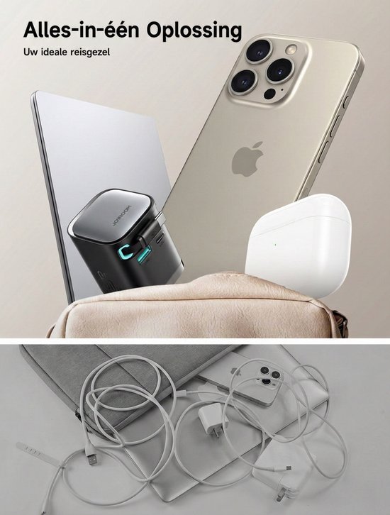 Compacte zwarte Joyroom GaN-oplader met zilveren accenten, naast een gouden iPhone, AirPods en laptop.