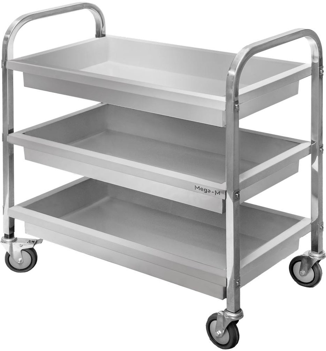 Mega-M - Serveerwagen - 95 x 50 x 95 cm - 3 Diepe Plateaus - Roestvrij Staal
