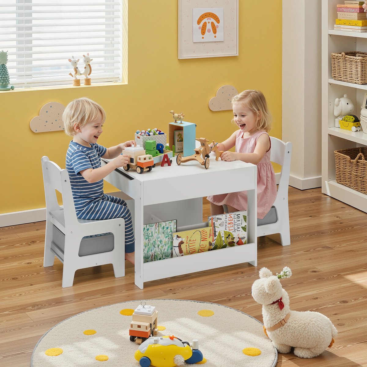 Xbro Kindertafel met Schoolbord en Whiteboard, Kinder Tekentafel, Speeltafel met Opbergruimte, 3-in-1 Kindertafel en Stoeltjes, Ideaal voor tekenen, knutselen en leren, Wit