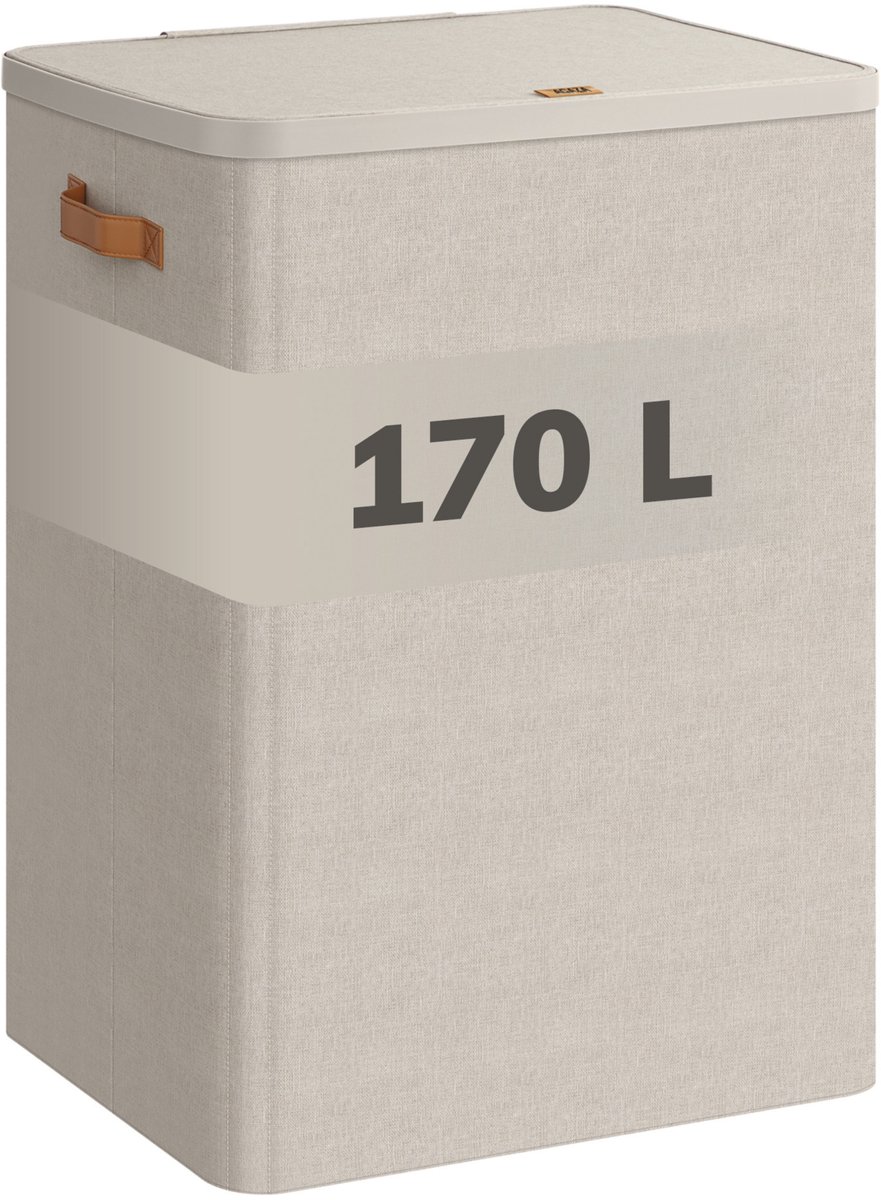 ACAZA Wasmand Met Deksel - 2 Vakken - 170 L - 56 x 40 x 75 cm - Beige