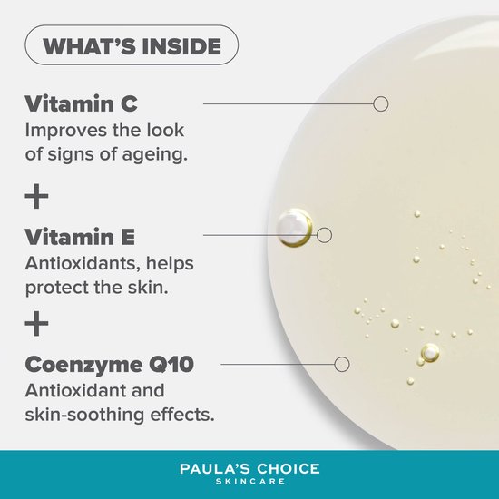 Een close-up van een druppel helder serum met luchtbelletjes, met tekst die de ingrediënten Vitamine C, Vitamine E en Coenzyme Q10 benadrukt.