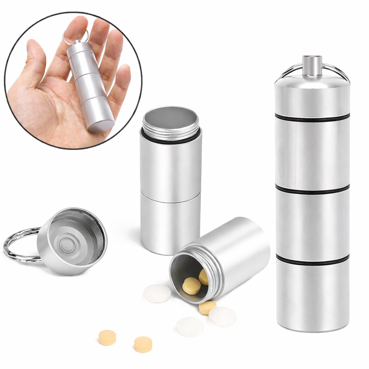 Pillendoosje Draaibaar Aluminium Zilver – Medicijndoosje 3 Vakken – Medicijn Doosje met Sleutelring – Waterdicht – Compact Reisformaat