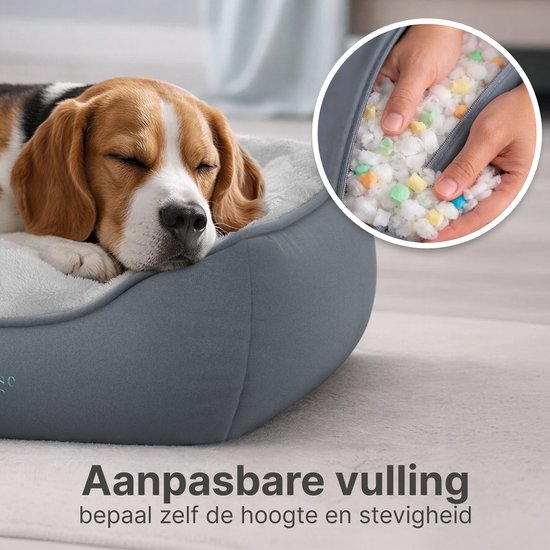 Beagle slaapt op een grijs hondenkussen; inzet toont verstelbare vulling.