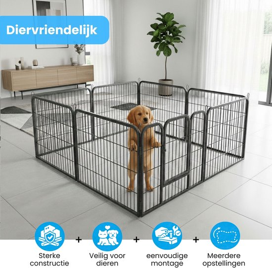 Een gouden puppy in een metalen ren, met een stevige constructie, diervriendelijk, eenvoudig te monteren en meerdere opstellingen.