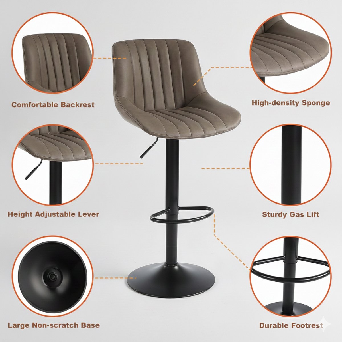 Barkruk Set van 3 – House&Garden Luxe Draaibare Barkrukken met Rugleuning – In Hoogte Verstelbaar 55-75 cm – 360° Draaibaar – PU Kunstleer – Bruin – Moderne Barstoelen
