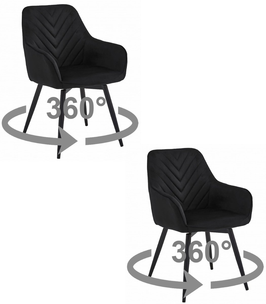 LEOBERT Set van 2 Eetkamerstoelen NANA360 Zwart Fluweel – Draaibaar – Zwarte Metalen Poten