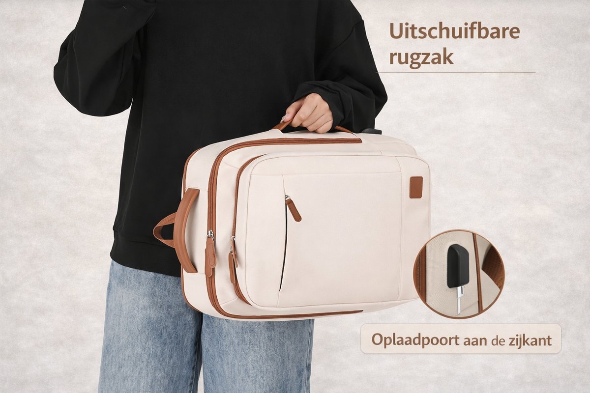 Dutchers® Laptoptas Dames - Rugtas - 24L - Reistas - Rugzak - Backpack - Met oplaad mogelijkheid, Laptop vak, Afsluitbaar droogvak - Laptoprugzak - Beige – foto 6