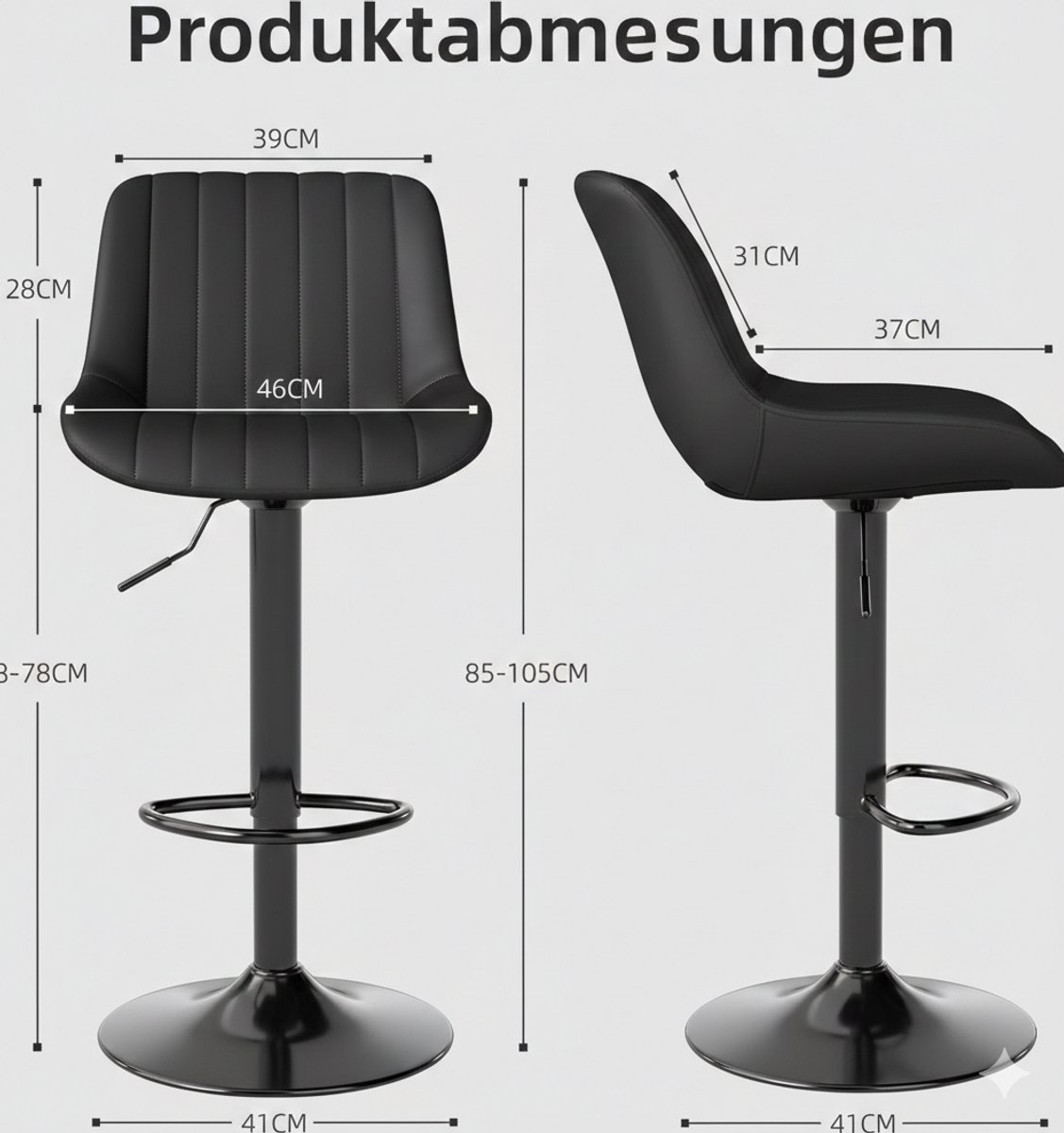 Barkruk Set van 2 – House&Garden Premium PU Luxe Barkrukken met Rugleuning – In Hoogte Verstelbaar 60-80 cm – 360° Draaibaar – Met Metalen Voetensteun – Inktzwart – Moderne Barstoelen voor Keukeneiland en Eetkamer