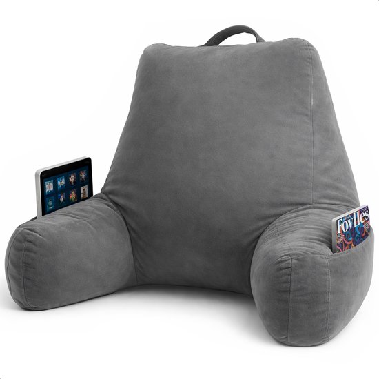 Leeskussen - Voor in bed - Met 4 opbergvakken - Rugkussen bank - zitkussen - Lende - Rug kussen onderrug - Lees - Kussens - Knuffel - Steun - Boeken - book - Seat - Grijs