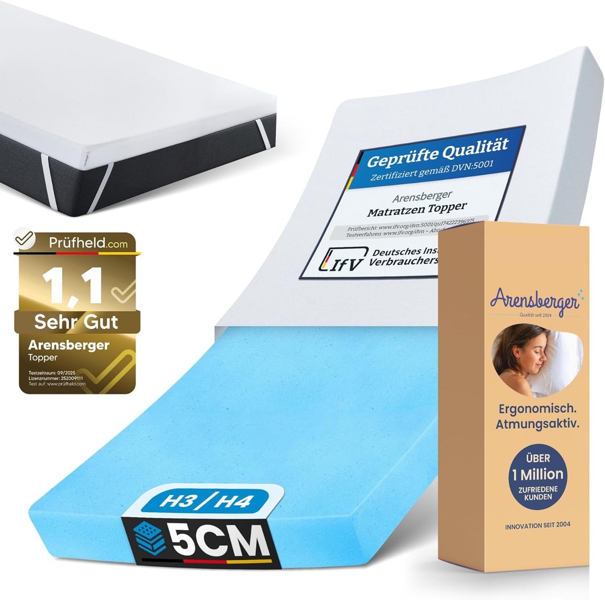 Arensberger Matras Topper Luxury, 90cm x 200cm 10cm, Gelschuim en Traagschuim Matras Topper, Wasbare Hoes, geschikt voor Binnenvering & Matrassen, matras topper 90 x 200 cm