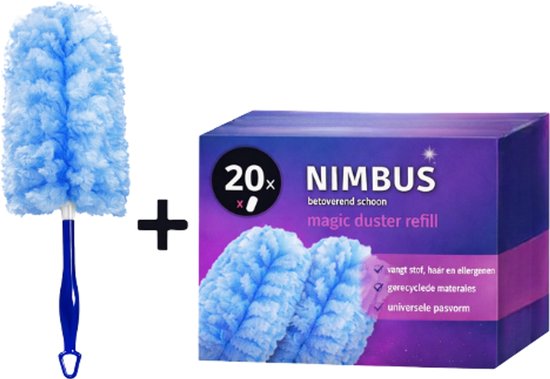 Blauwe plumeau en een doos met 20 Nimbus navullingen.