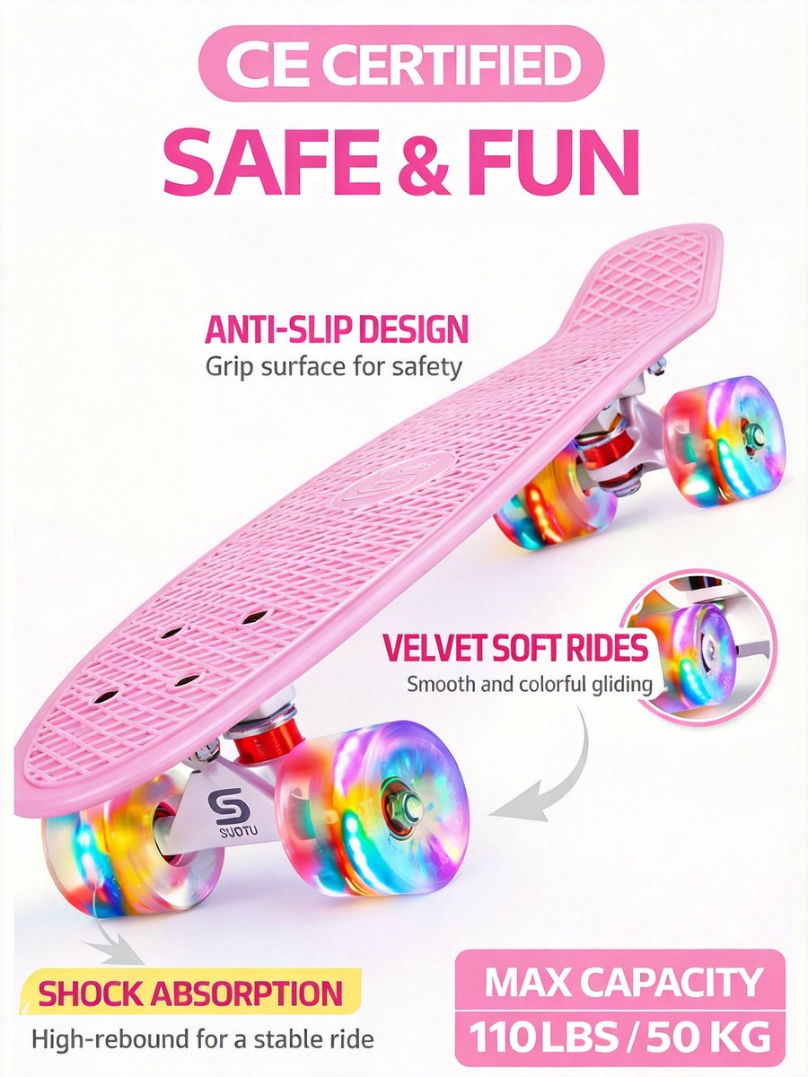 Suotu Skateboard - Wielen met LED-verlichting - ABEC-9 - Tot 50 kg - Skateboard Meisjes/jongens – Skateboard Volwassenen - Roze — afbeelding 10
