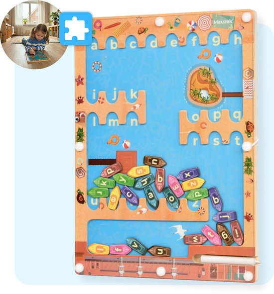 Mauzek® Magnetisch Doolhof Alfabet – Montessori speelgoed – Letters leren – Houten speelgoed – Magneetspel – Sensorisch speelgoed – Activiteitenbord – Magnetisch spel – Peuter – Voor onderweg – Jongens – Meisjes – 3 jaar – 4 jaar – 5 jaar – 6 jaar