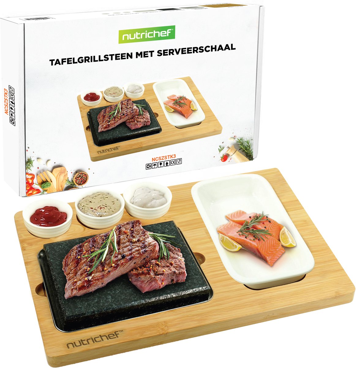 NutriChef Grillsteen Set – Granieten Kooksteen met Bamboe Plank- Ceramische Sauskommen & RVS Plateau – Perfect voor Vlees, BBQ – Binnen- en Buiten Grill