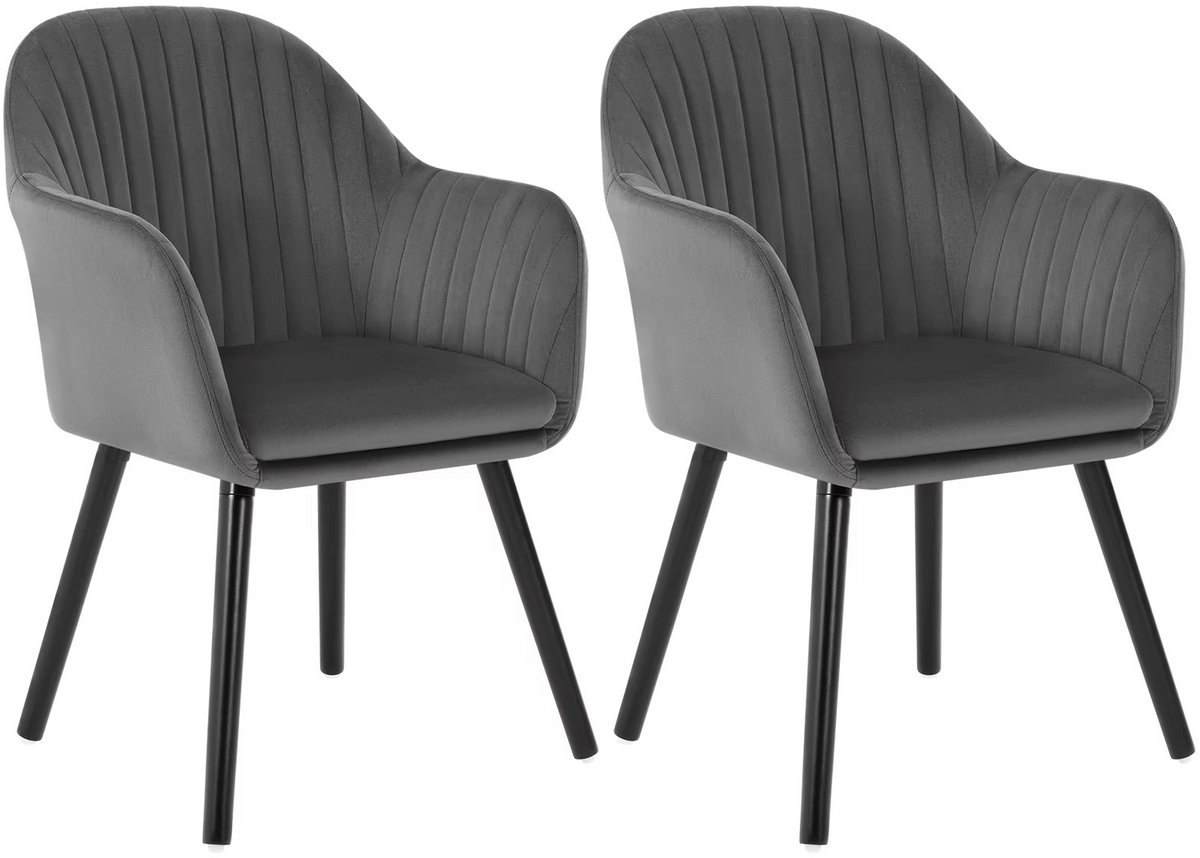 Whoopr® Set van 2 Fluwelen Eetkamerstoelen met Armleuningen – Ergonomische Gestoffeerde Keukenstoelen – Comfortabele Stoelen voor Woonkamer of Restaurant - Velvet Grijs met Zwarte Poten