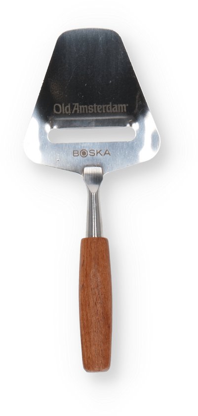 Een Old Amsterdam Boska kaasschaaf met houten handvat op een witte achtergrond.
