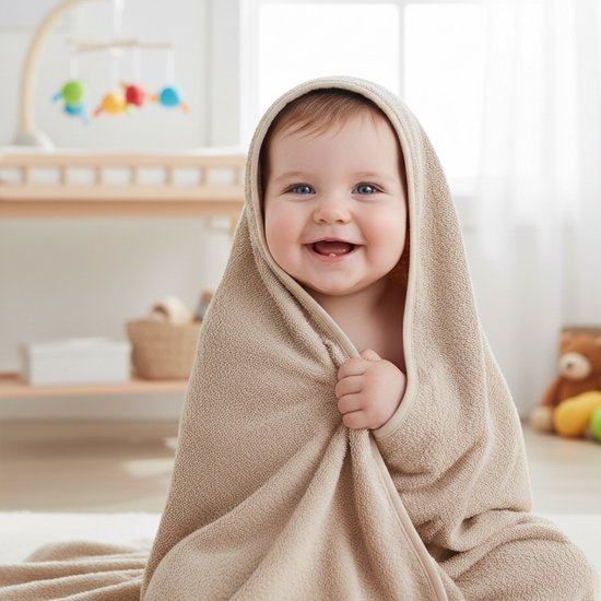 Coral Fleece Badcape - 80x80cm - Beige Baby Badcape - Zacht en Warm - Capuchon — afbeelding 2