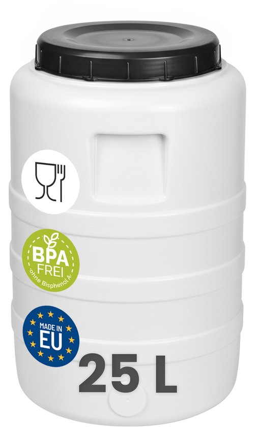 Fût blanc 25L en relief, couvercle noir, et étiquettes pour la sécurité alimentaire et l'origine UE.