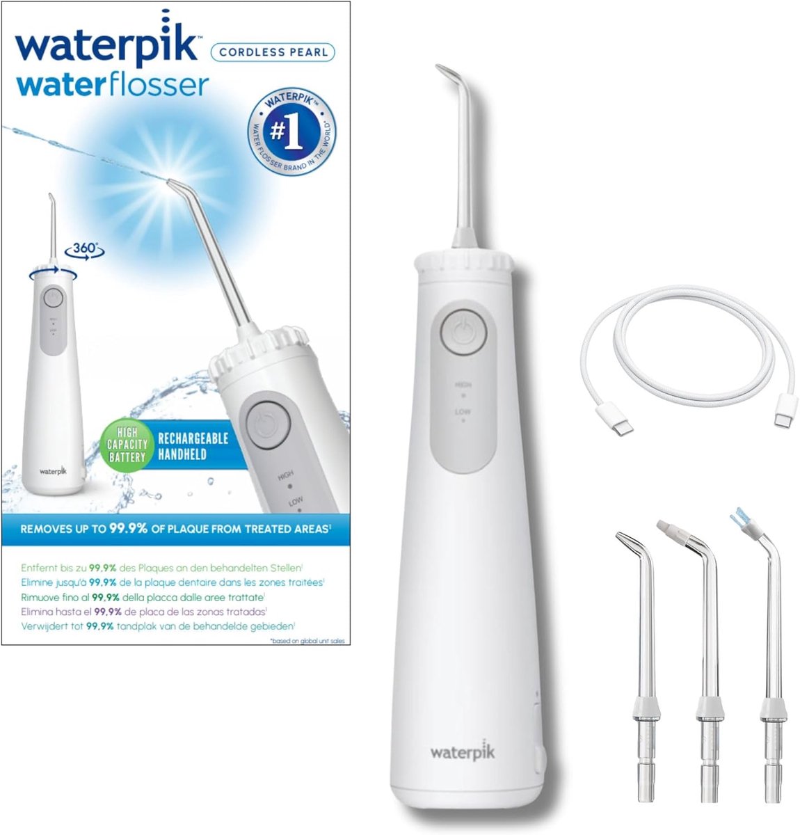 Waterpik Cordless Pearl draadloze elektrische waterflosser, oplaadbaar. Verwijdert tandplak, reinigt tussen tanden, waterdicht en ideaal voor reizen of kleine badkamers. Wit.
