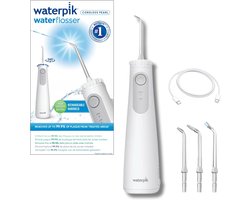 Waterpik WF-27 Pearl, Hydropulseur Sans Fil, Recommandé par l’UFSBD, Jet dentaire Rechargeable, Elimine la Plaque, 2 Niveaux de Pression, 60 Secondes de Nettoyage, 3 Embouts Inclus, Waterproof, Blanc