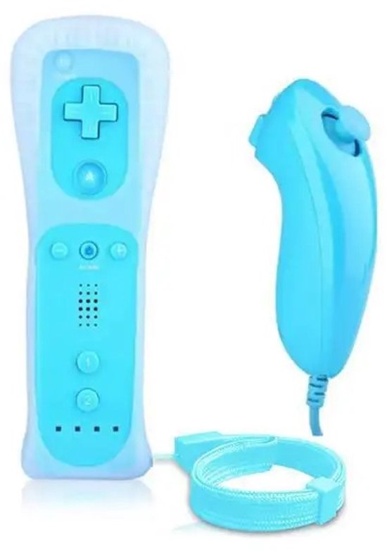 Blauwe Nintendo Wii controller en nunchuck met polsband.