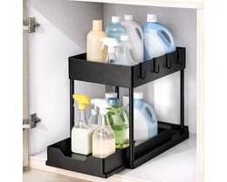 Joyage Keukenkast Organizer uitschuifbaar - Schuiflade Keukenkast - Aanrecht Organiser – Keuken Organizers - Kast Organizer - Kitchen Organizer Lade Organizer Zwart - Under sink Organizer - Gootsteenkast Organizer Keukenrek - Badkamer organizer