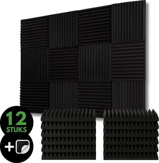 Akoestische Panelen - 12 Stuks - Inclusief Dubbelzijdige Stickers - 1,08 m² Oppervlakte - 30cm x 30cm - 5cm Dik - Geluidsisolatie - Akoestisch wandpaneel - Wanddecoratie - Zwart - Golvend - Zelfklevend - Ook Beschikbaar In 24 Stuks