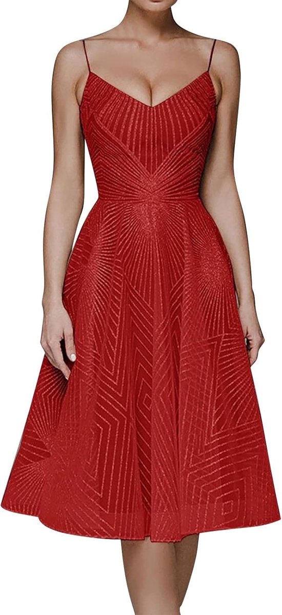 Bruidsjurk Dames - Feestjurk Zomer - Bruiloft Feest - Knielengte Mouwloos - Rood