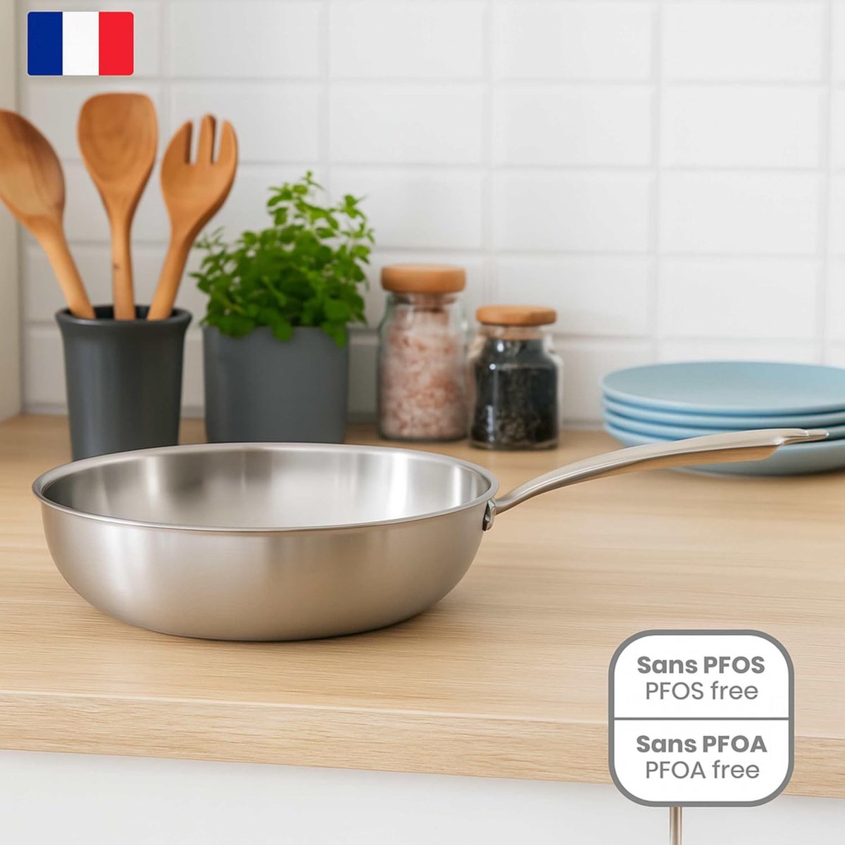 Roestvrijstalen Wok Koekenpan Gezond Koken Triply Warmteverdeling 28 cm Diameter