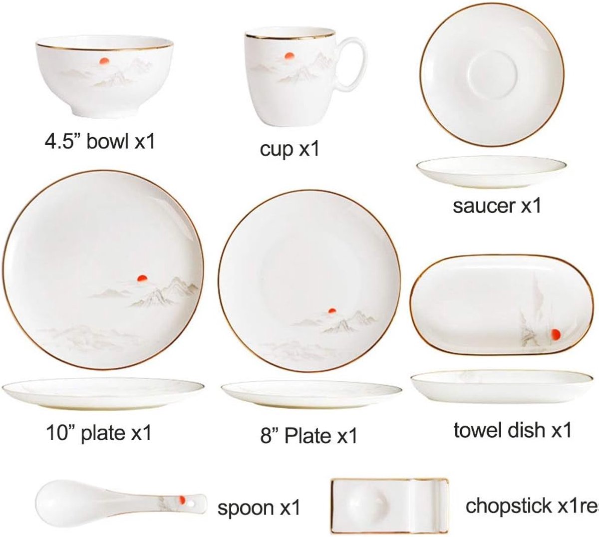 Keramisch Servies - Gouden Rand - Eigentijds Diner - Artistieke Inktwassing - 8-delig - Wit