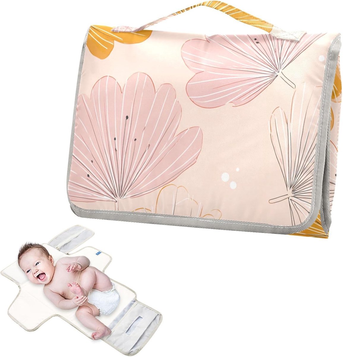 Herbruikbaar Luierkussen - Aankleedkussen baby - Onderweg verschonen - Waterdicht & Lekvrij - 62 x 30 cm - Oranje Bloemblaadje Roze