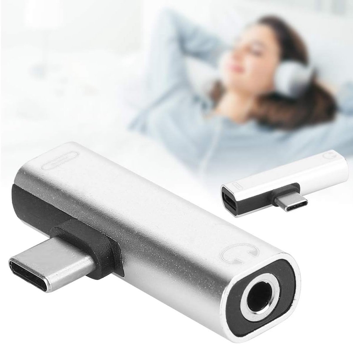 Adapter Kabel - 2-in-1 Type-C - Muziek en Laden - Aluminiumlegering - 14 g - Roze Zilver
