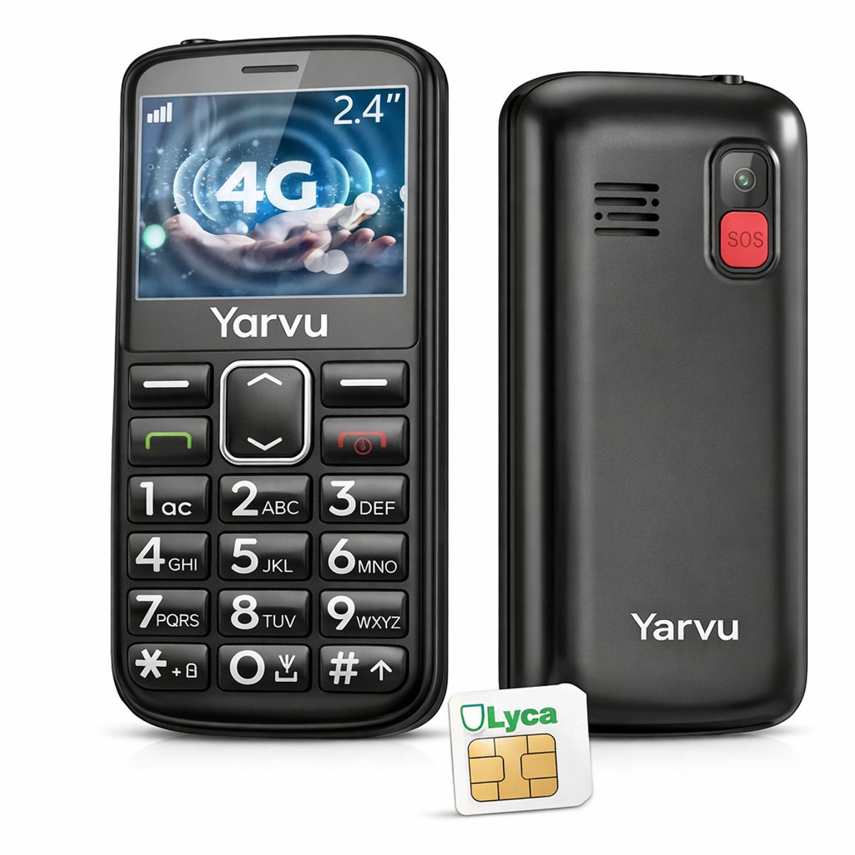 Yarvu ® - Easy 2 - 4G Senioren Mobiele Telefoon + Simkaart Geleverd - Grote Toetsen & Cijfers - Big Button Mobiel - GSM Ouderen - GSM - SOS Noodknop - Snelkiestoetsen - Zwart
