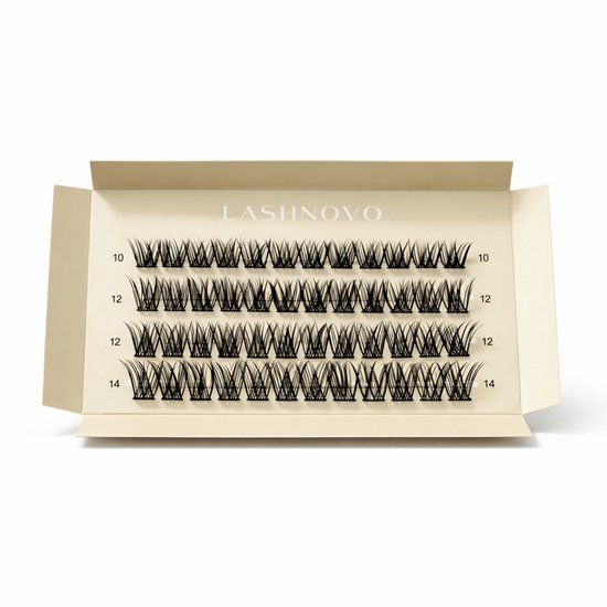 Open beige doos van Lashnovo DIY wimperextensions, met wimpers van 10, 12 en 14 mm.