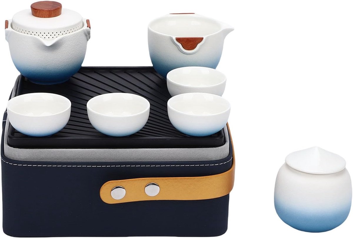 Keramisch Theeservies - Thee Set - Reizen Buiten - Compact Met Tas - 4 Kopjes - Blauw