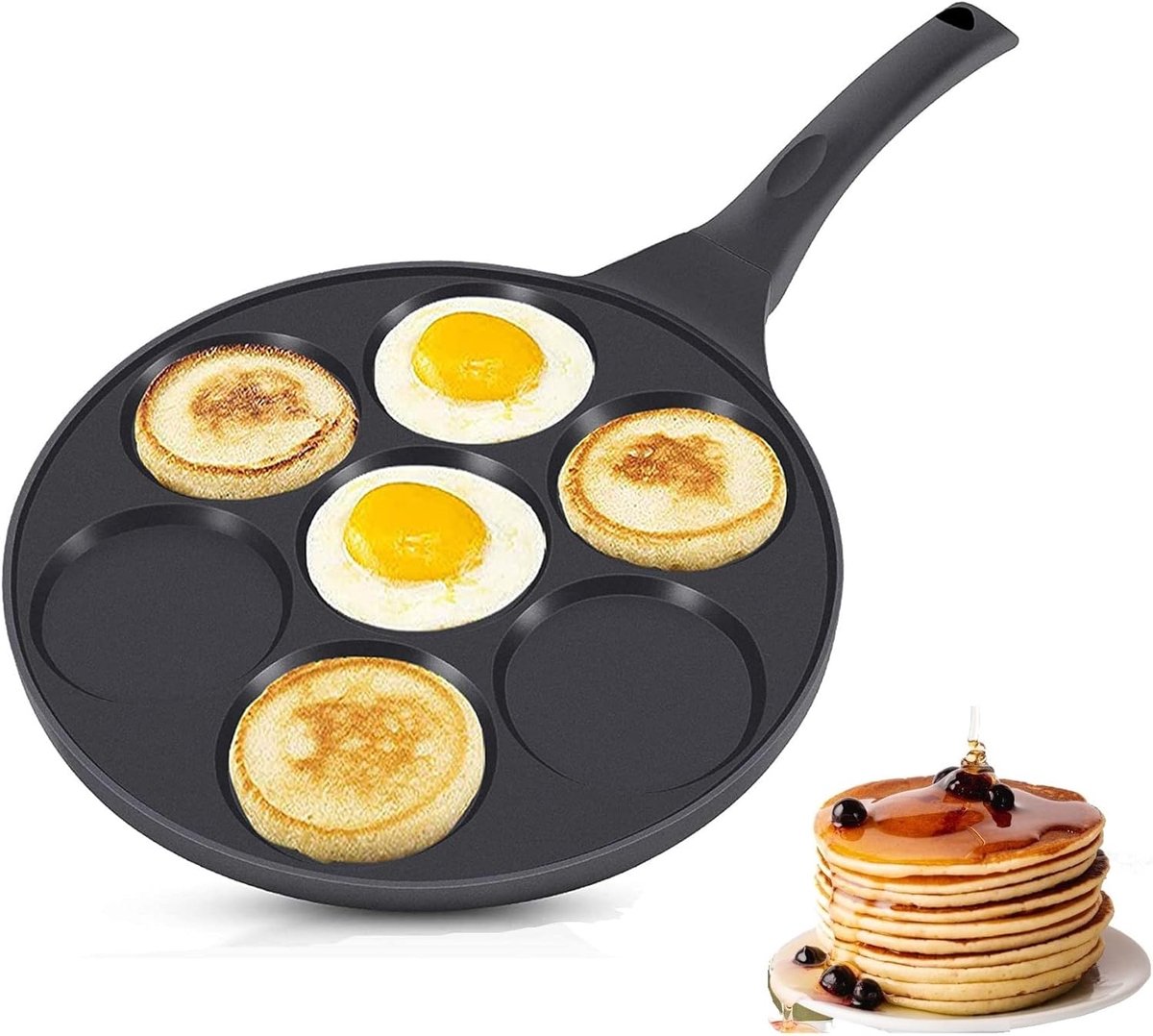 Pannenkoekenpan 7 vakken Crêpepan Eierpan Ontbijt Maken Antiaanbaklaag Marmer Ø 26 cm Zwart