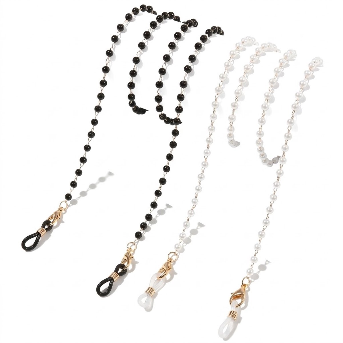 Zwart en wit kralen brillenkoord set van 2 stuks – brillenkoord dames – kunststof parel look ketting met goudkleurige sluiting en siliconen antislip uiteinden