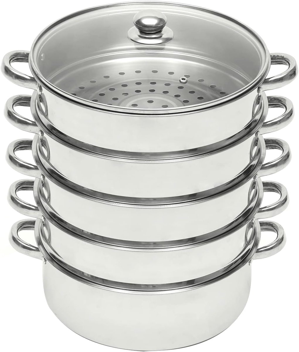 Stoompan Set - Kookpan Stomer - Gezond Koken - 5 Lagen Capaciteit - 26 cm Diameter - Zilverkleurig