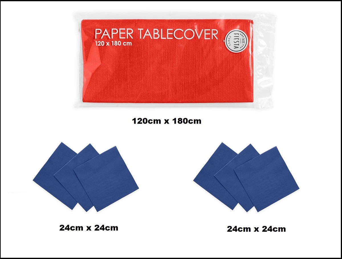 1x Tafelkleed papier rood 120cm x 180cm + 40x Cocktail servetten blauw 24cm x 24cm 3 laags