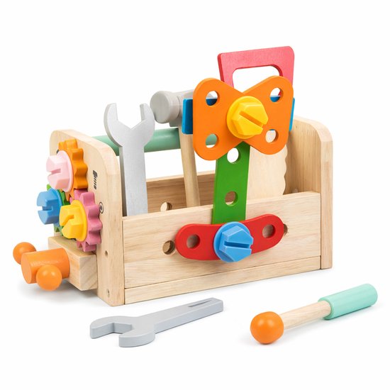 BOECKIE - Caisse à outils en bois pour enfants – Jouet Montessori – Jouet éducatif de construction – Incluant marteau, vis et outils – Jouet motricité 3+