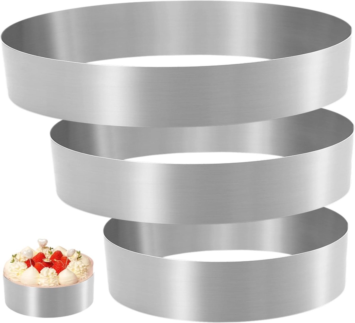Taartring Set - Cakevorm Ringen - Bakken Maken - Roestvrij Staal - 3 Maten 10-20cm - Zilver