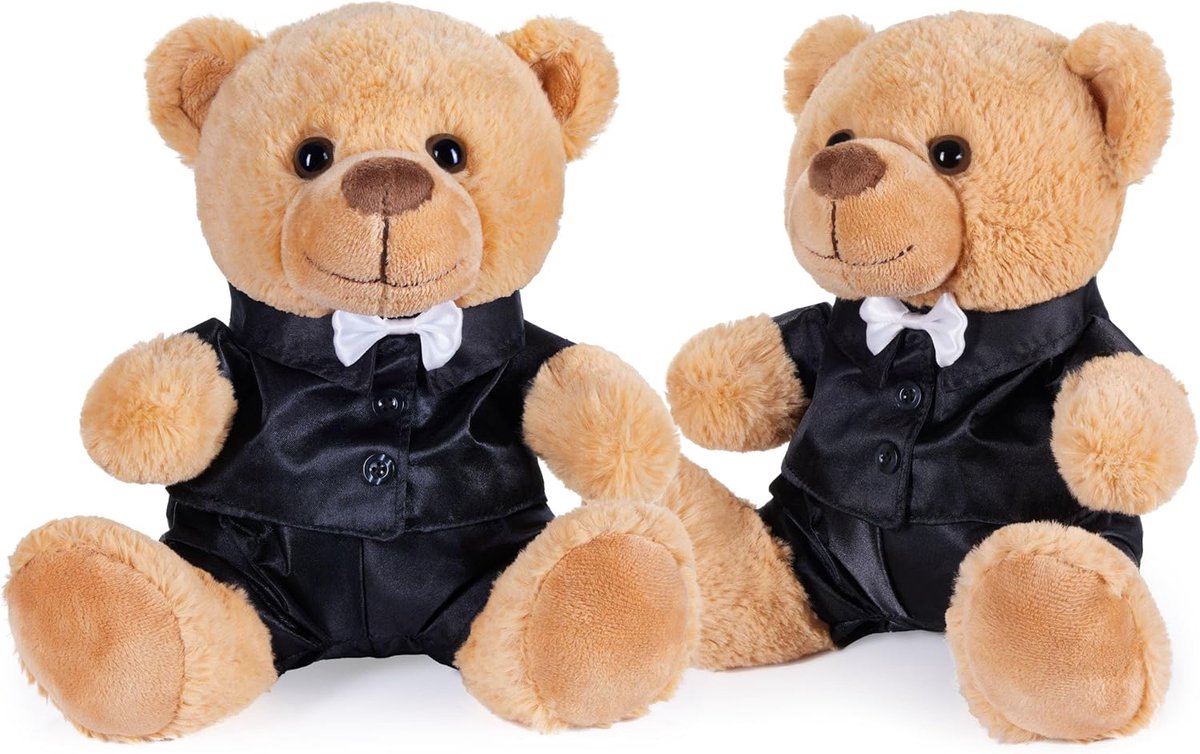 Bruidspaar Knuffels - Teddyberen Set - Cadeau Huwelijk - Elegante Pakken - 25 cm Hoog - Bruin en Zwart