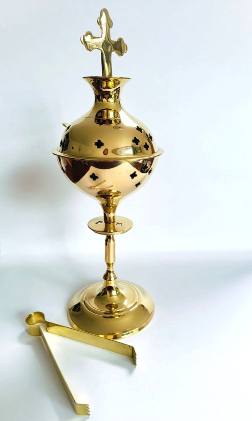 Gouden wierookbrander met kruis, opengewerkte details en tang.