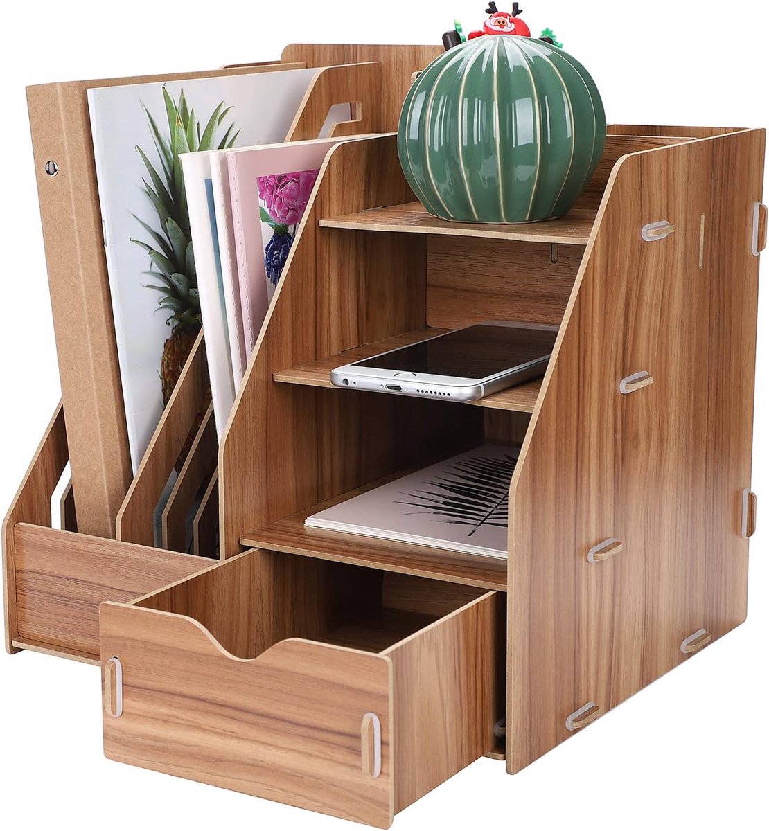 Bureau Organizer - Opbergbak Hout - Kantoor Thuis - Met Lade 8 Vakken - 28x26x30cm - Bruin