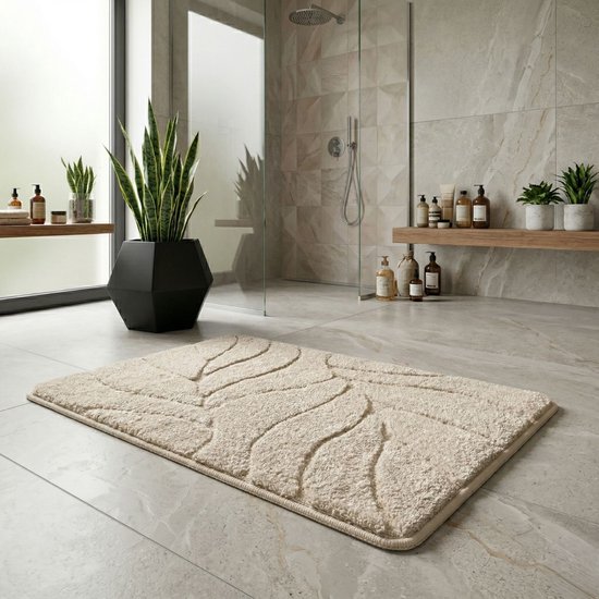 Badmat FLOORDIREKT Maris - Badmat moelleux avec structure en feuilles - Disponible en différentes couleurs et tailles - Ivoire - 60 x 120 cm