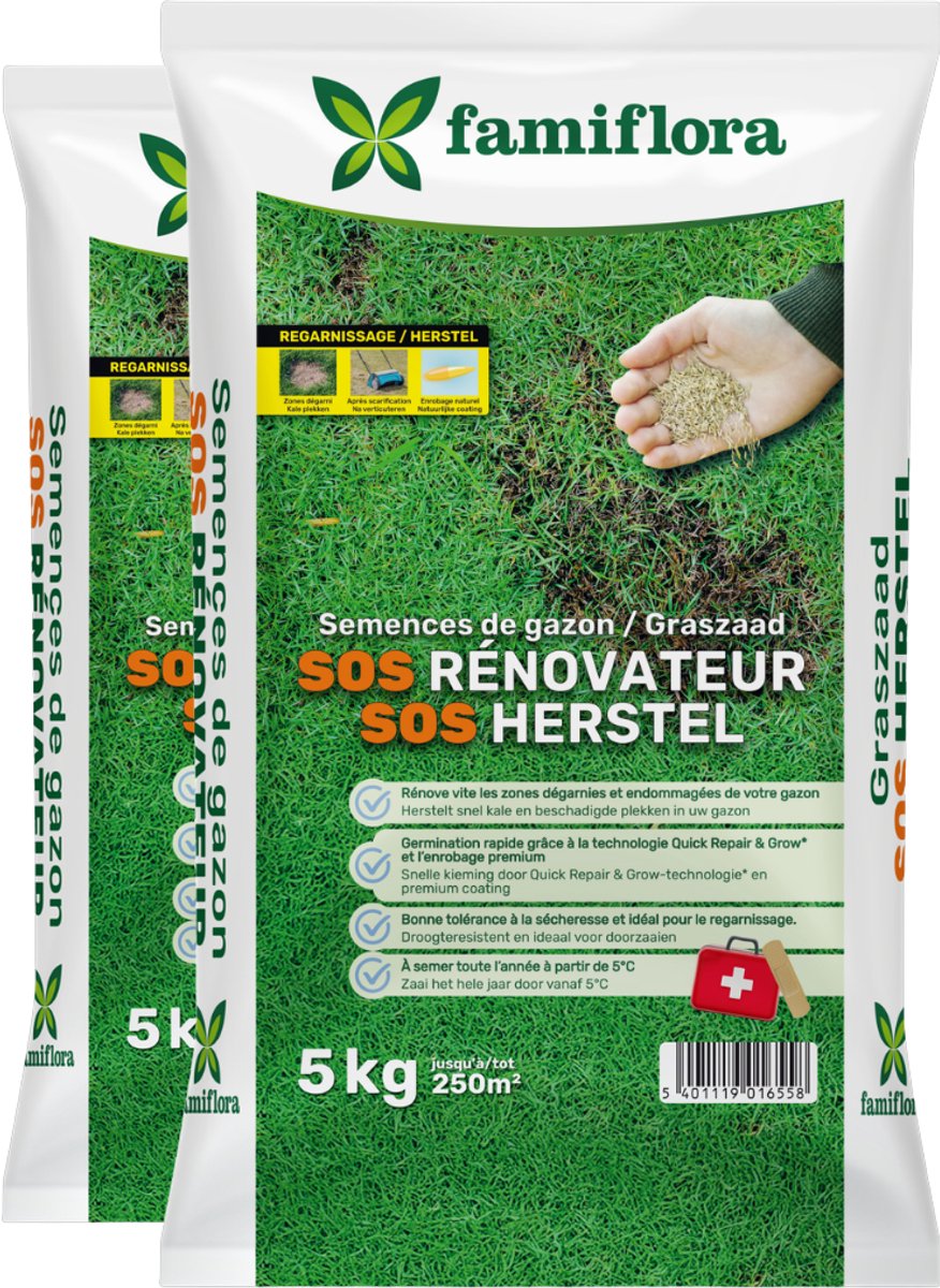 Famiflora graszaad 10kg tot 500m² (2 x 5KG) - SOS herstelgazon - snel herstel kale plekken - Geschikt voor een gazon tot 250m² - Herstelt snel kale plekken voor een egaal gazon