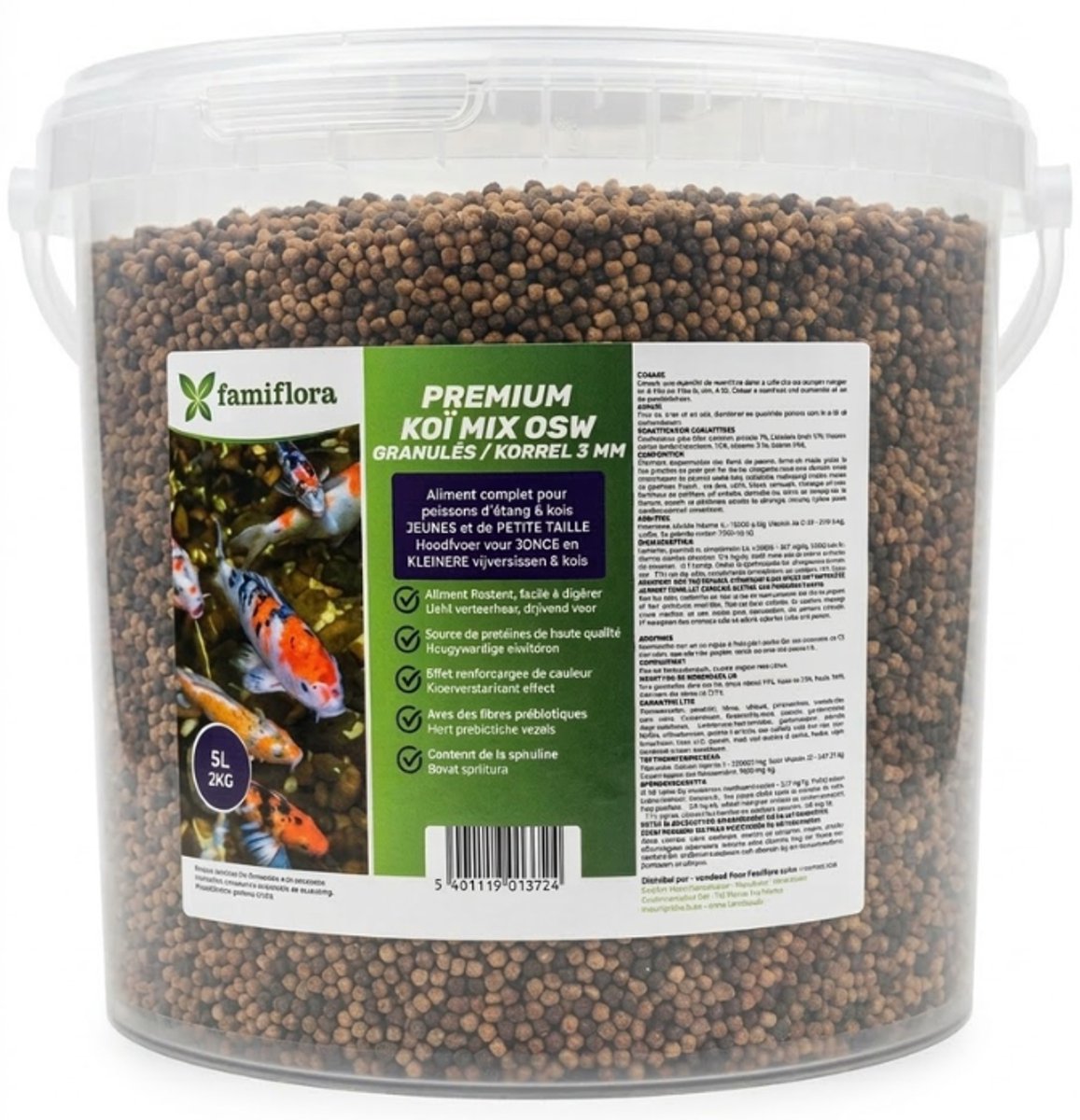 Famiflora Koi Mix OSW 3 mm - Vijvervissen & Koi - 5 Liter (ca. 2KG) - Drijvende korrels van 3 mm - Licht verteerbaar hoofdvoer - Bevat spirulina en prebiotica