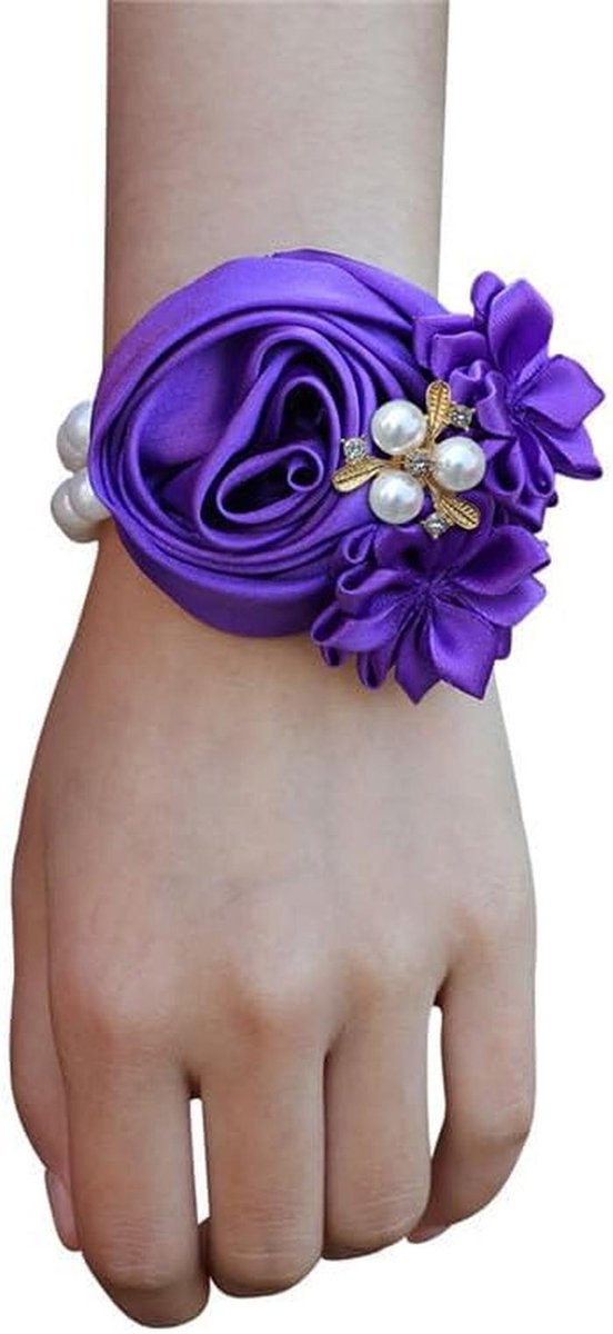 Polsbloemen Bruidsmeisjes - Bruiloft Accessoires - Feestelijke Gelegenheden - Elastisch Bandontwerp - Medium - Donkerpaars
